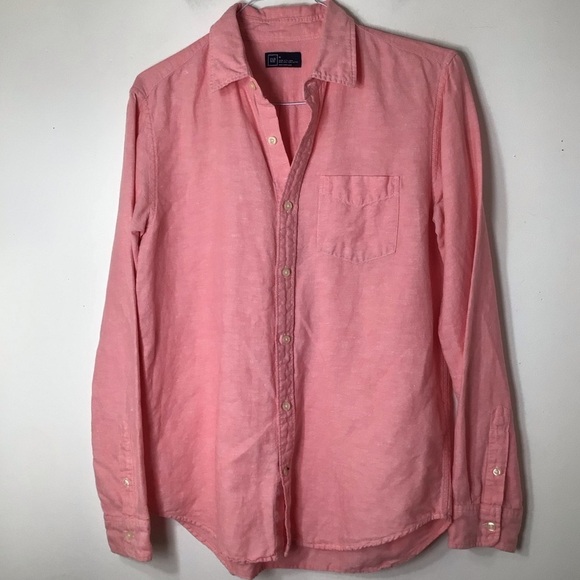 Gap button up shirt linen women medium pink coastal spring - Picture 1 of 9